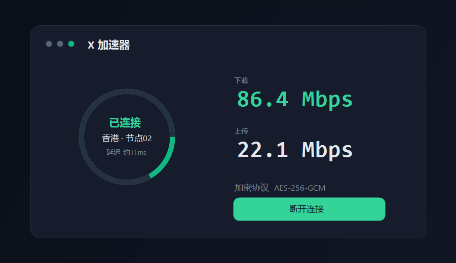 X加速器客户端连接界面，已接入香港节点显示延迟和上下行速度
